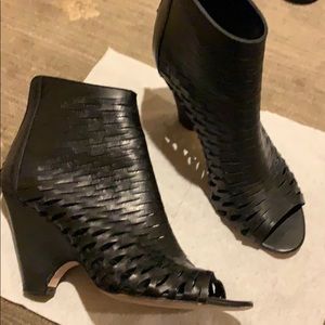 Black leather open toe booties